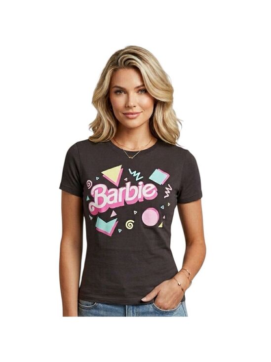 Barbie Tops - Barbie Graphic Fitted Tee Retro Logo Y2K Style Black Size L